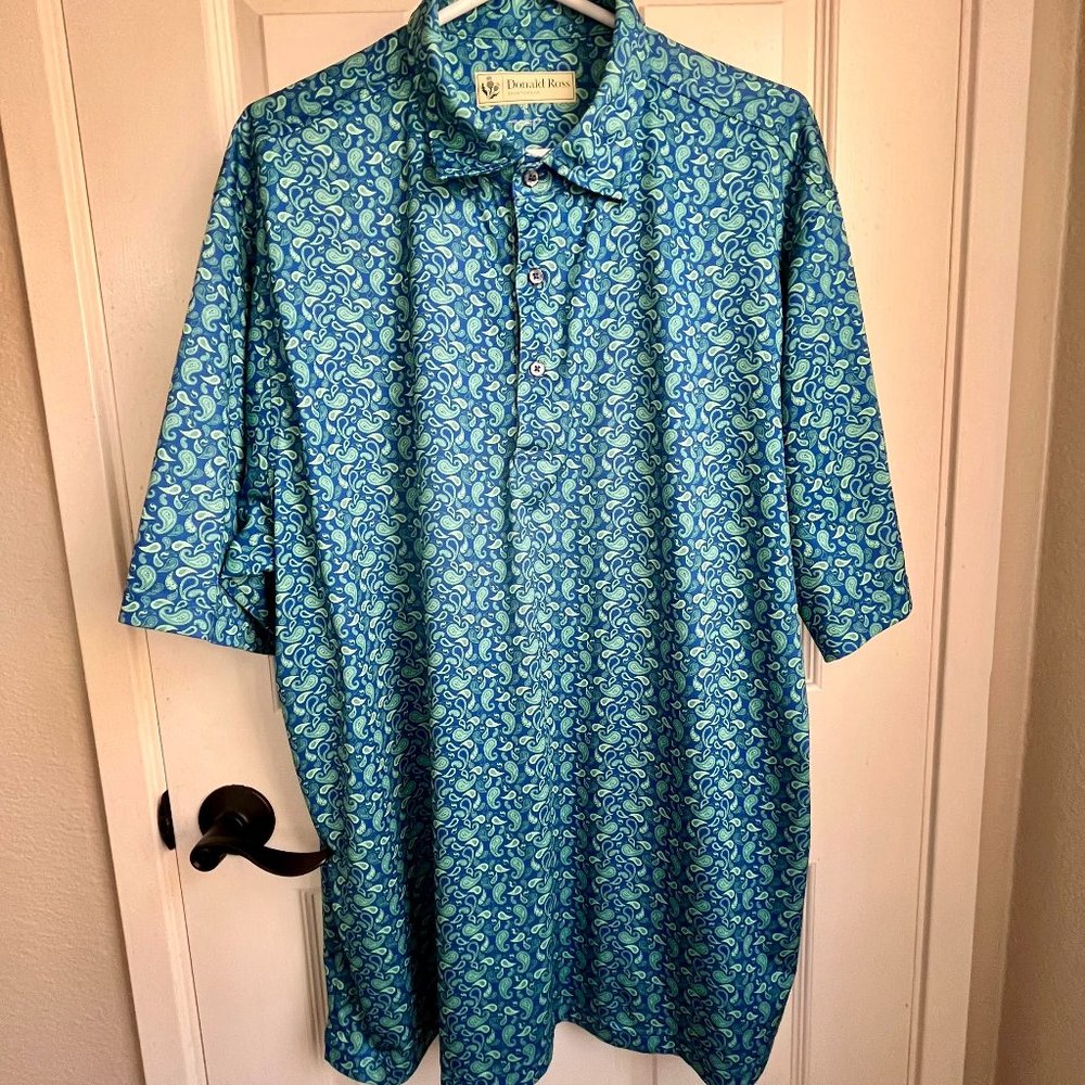 Donald Ross Men's Golf Shirt Blue with Green Paisley Rancho Bernardo Inn Logo XL